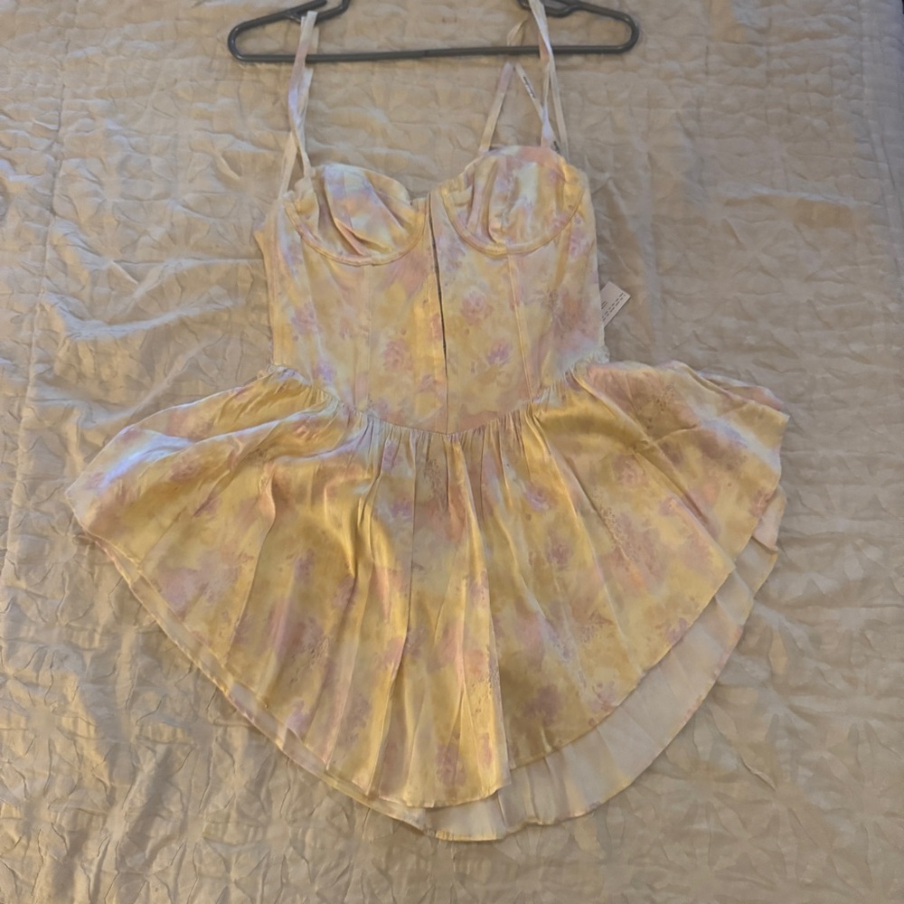 Pastel Yellow Floral Satin Bustier Slip Dress